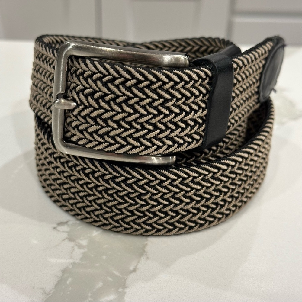 Tommy Bahama Mens Black Beige Leather Fabric Stretch Braided Belt Adjustable S/M